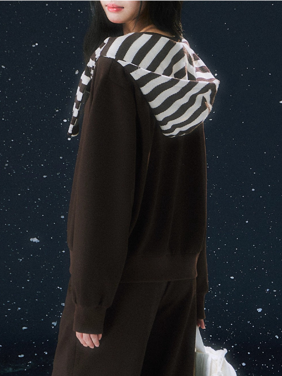 Brown Stripe Hooded Faux Two-piece Sweatshirt