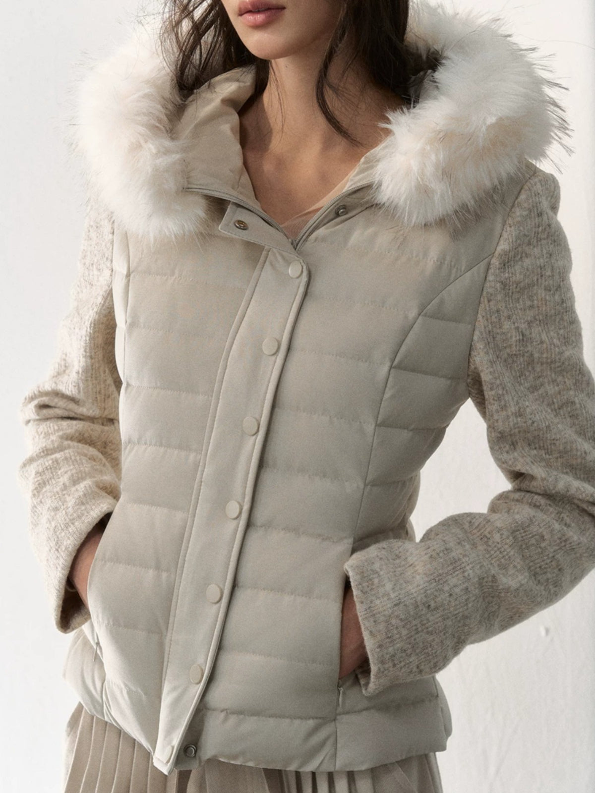 Fur-Trimmed Hooded Panelled Down Jacket