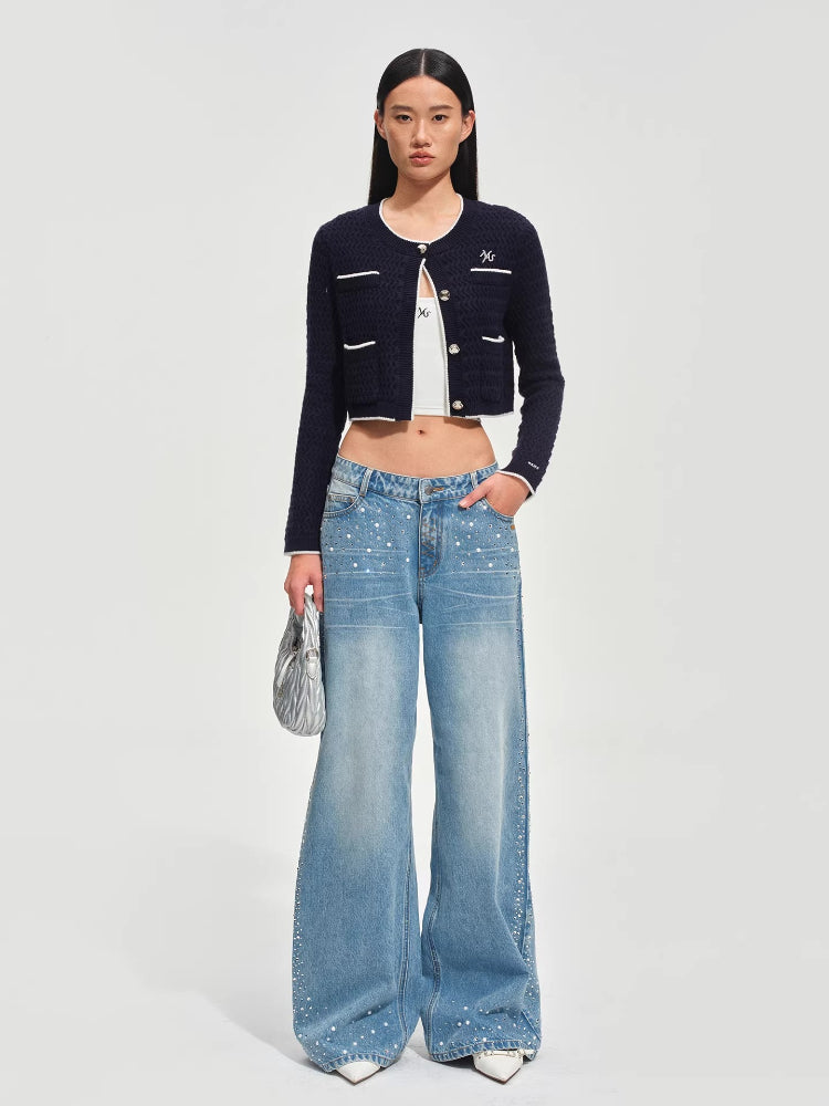 Low-Rise Wide-Leg Rhinestone Denim Pants