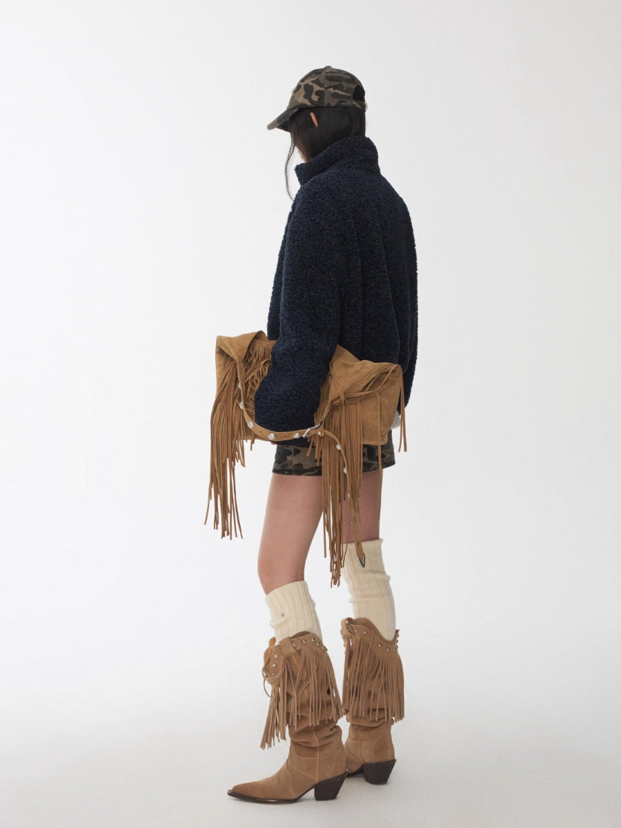 Zip-Up Shearling Textured Fitted Short Coat