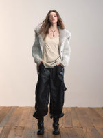 Fox Fur Large Notch Collar Cardigan