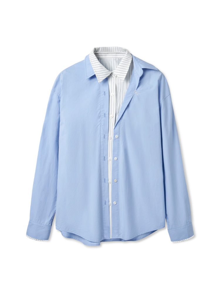Wrinkle-Resistant Striped Fake Two-Piece Silhouette Collared Shirt