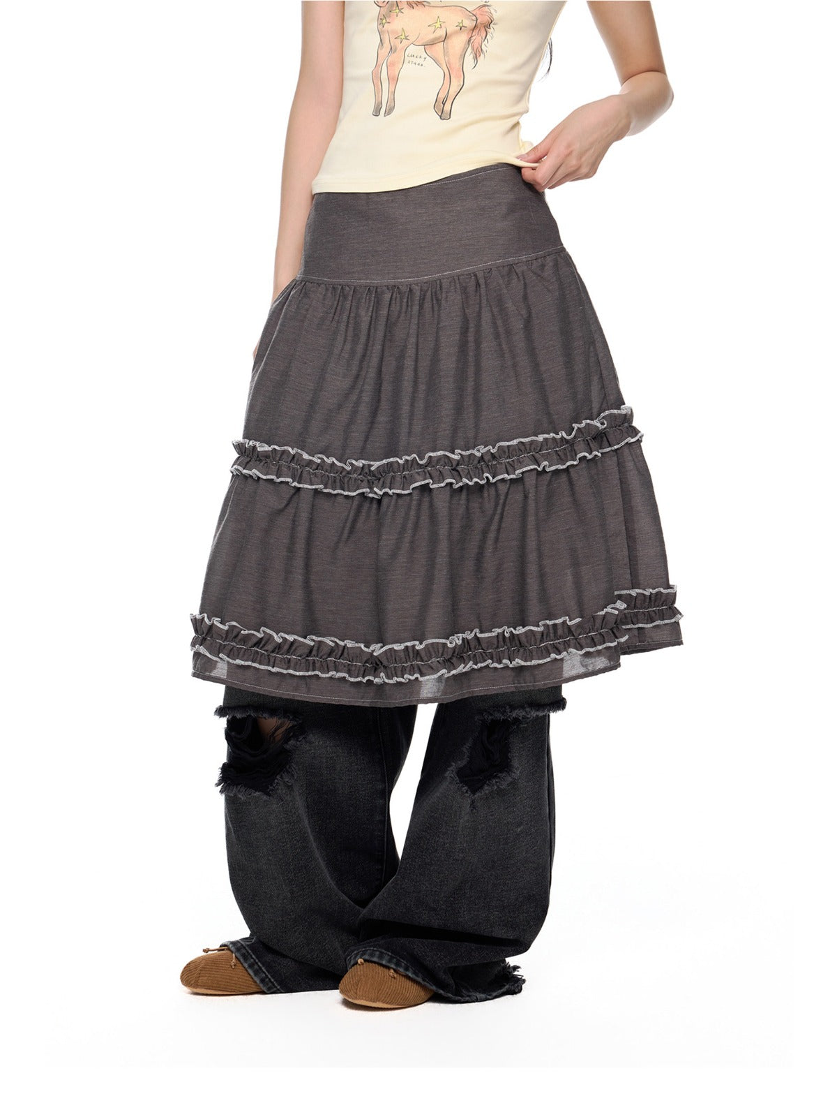 Ruffle Layered Midi Skirt