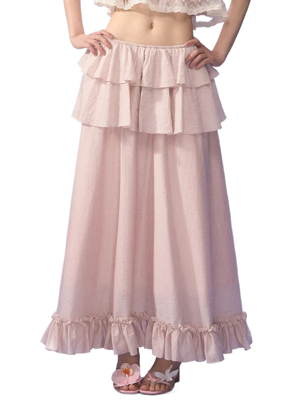Pink Tiered Ruffle Maxi Skirt