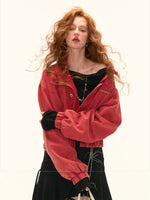 Red Utility Stand Collar Cropped Jacket