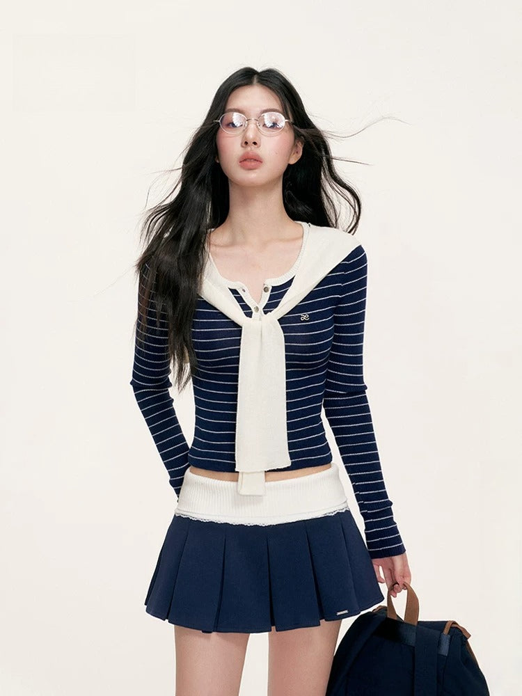 Striped Shawl Collar Knit Top
