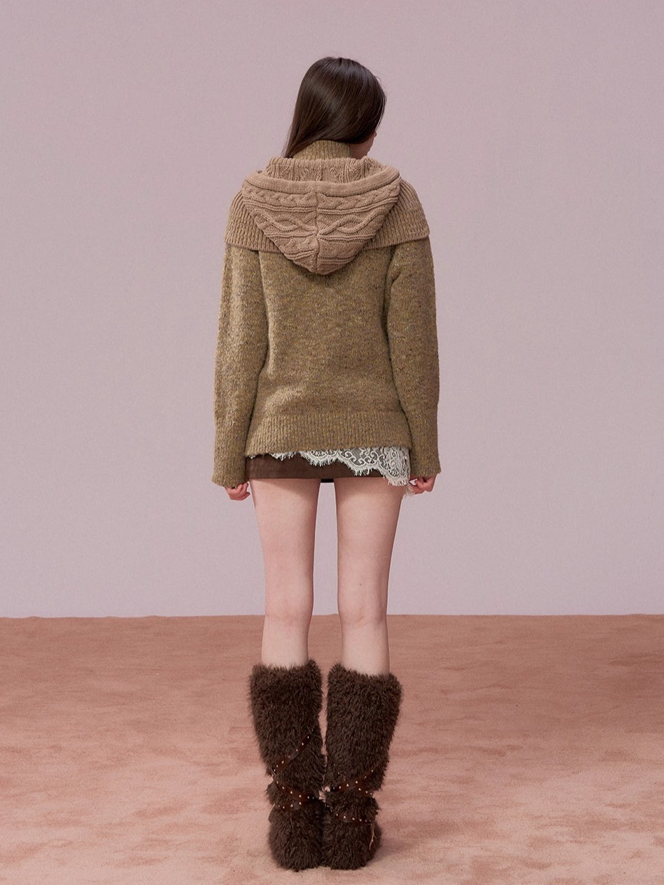 Brown Leather Buckle Cardigan &amp; Hooded Cape Set
