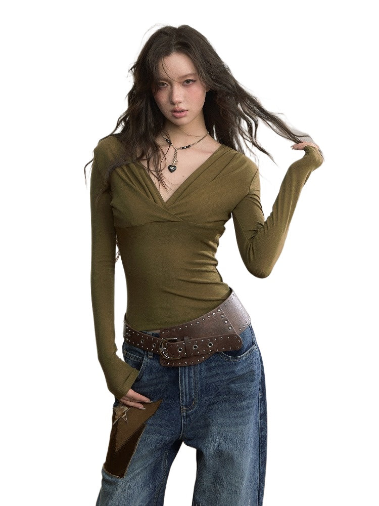 Ruched V-Neck Fitted Layering T-shirt