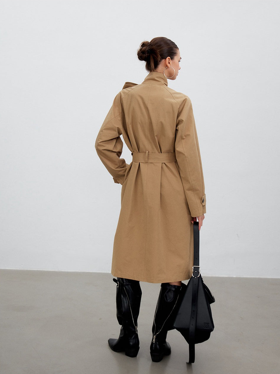 Khaki Stand Collar Belted Trench Coat