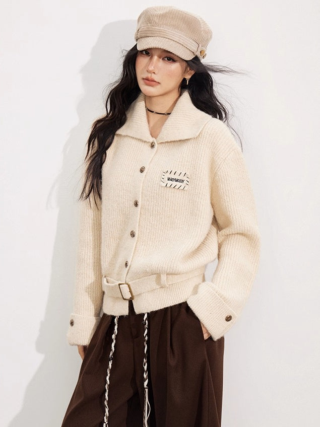 Collared Belted Knit Cardigan