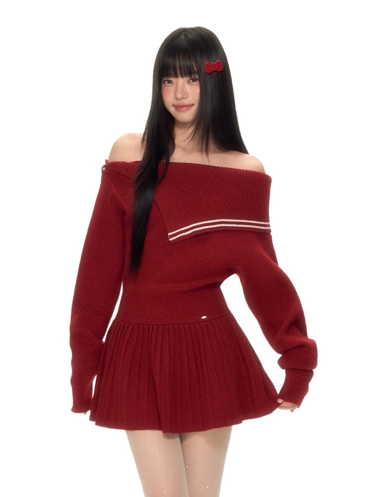 Red Asymmetric Sailor Off-Shoulder Dress