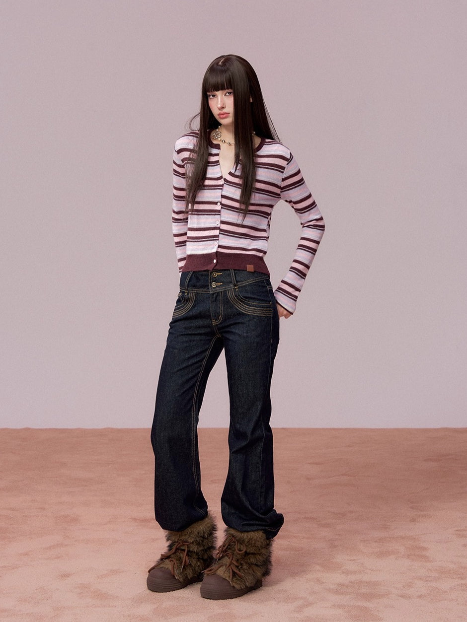 Color-Block Striped Wool Knit Cardigan