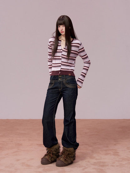 Color-Block Striped Wool Knit Cardigan