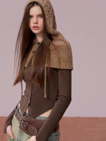 Brown Leather Buckle Cardigan & Hooded Cape Set