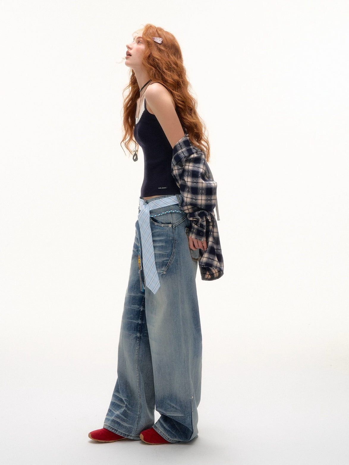 Blue Beaded Washed Denim Pants