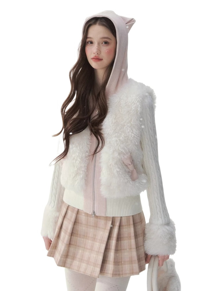 Cat Ear Faux Fur Knit Jacket