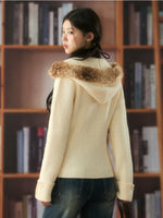 Fawn Fur Collar Ribbed Knit Cardigan