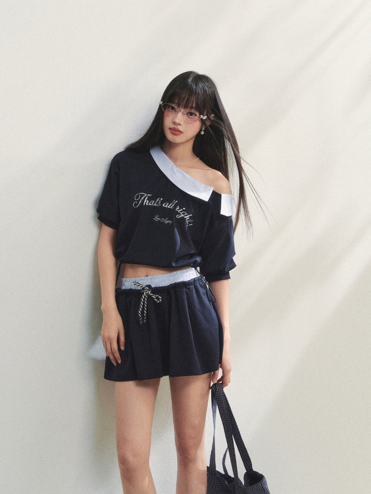Grey Asymmetric Shoulder Striped Patchwork Short-Sleeve &amp; Skirt Set
