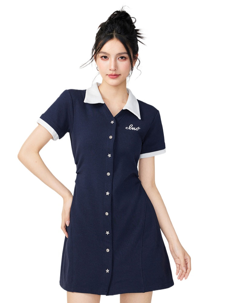 Color-Blocked Button-Up Waist Cinching Polo Dress