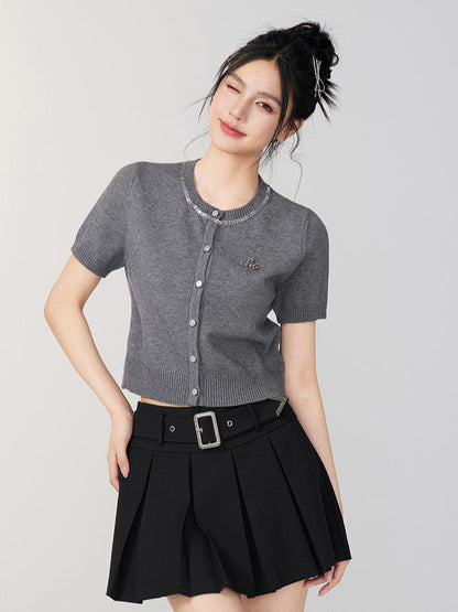 Rhinestone Button Knitted Short-Sleeve Cardigan
