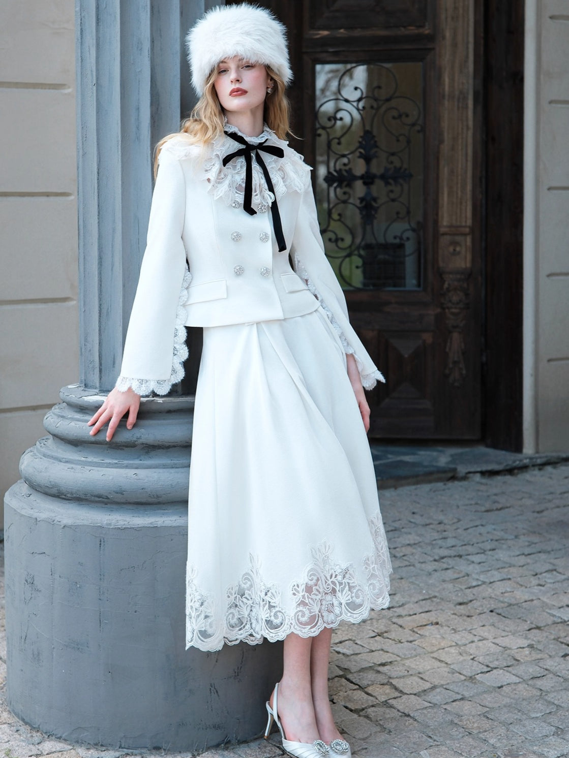 Mirage Vintage Lace-Collar Blazer &amp; Flared Skirt Set