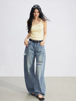 Distressed Curved Wide-Leg Jeans