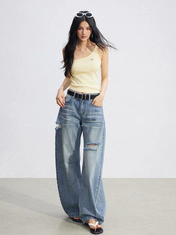 Distressed Curved Wide-Leg Jeans