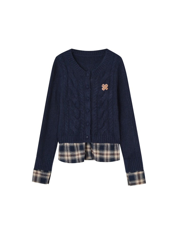 Plaid Layered Cable Cardigan