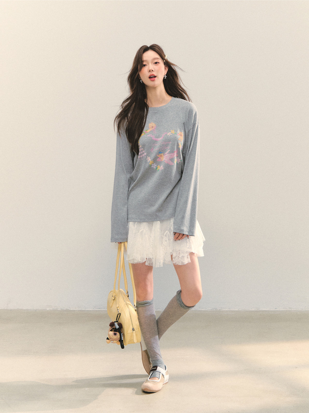 Crew Neck Dog Print Long-Sleeve Tee