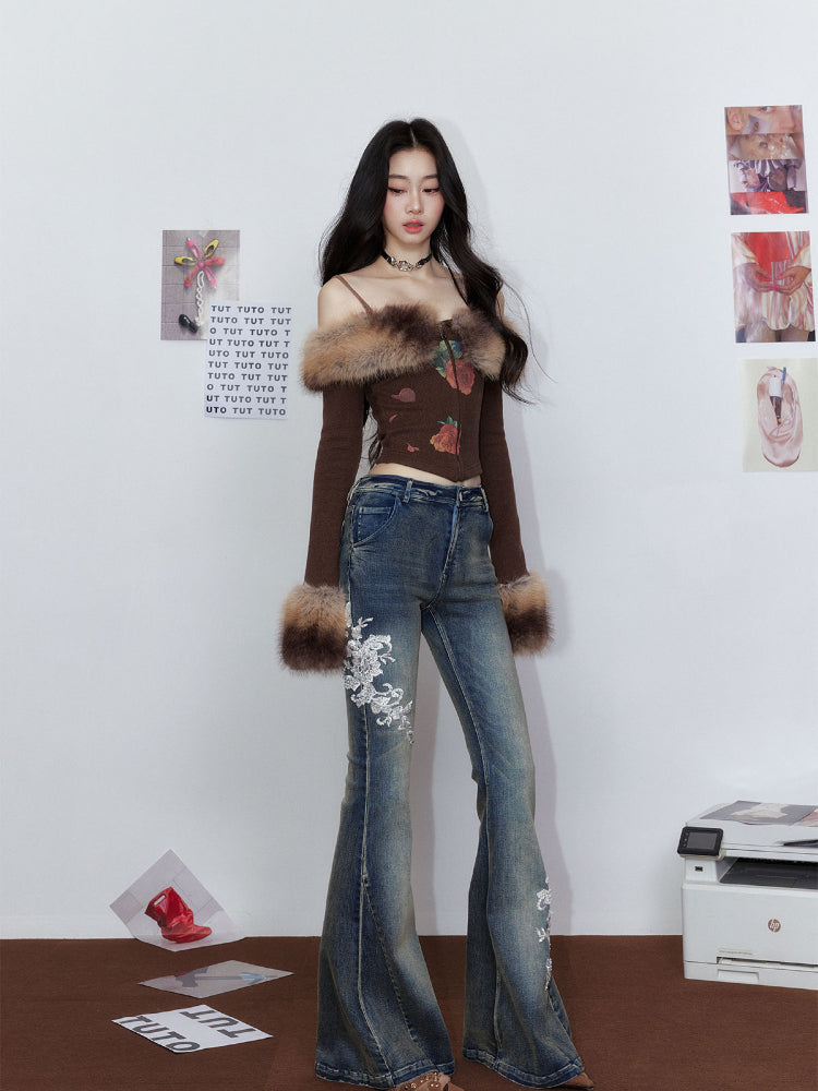 White Embroidered Flared Washed Denim Jeans