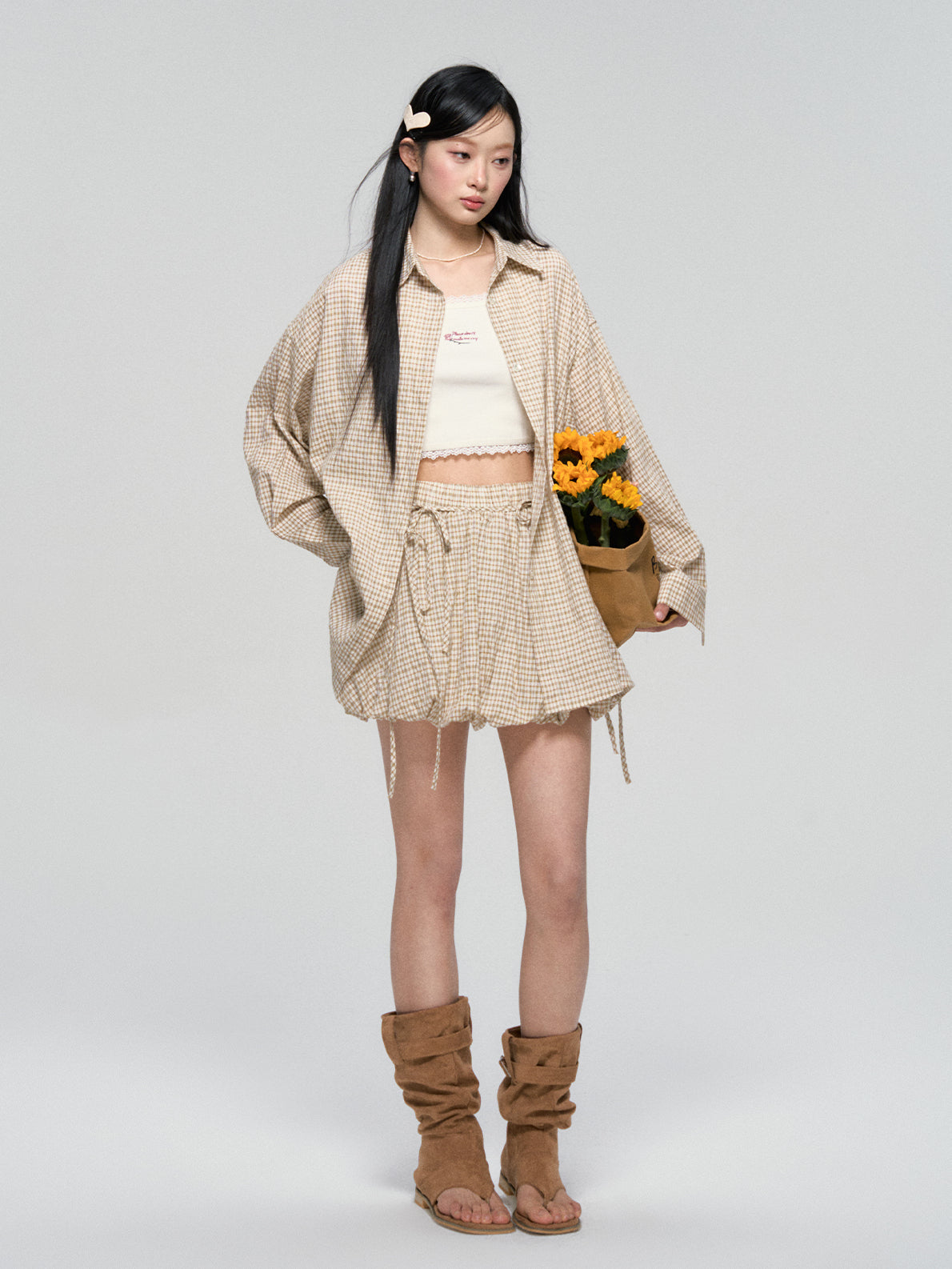 Khaki &amp; Black Retro Check Shirt &amp; Skirt Set