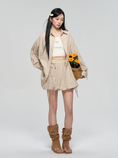 Khaki &amp; Black Retro Check Shirt &amp; Skirt Set