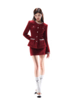 Metallic-Tweed Cinched Jacket Low-Rise Skirt Set