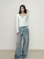 3D Rhinestone Wide-Leg Denim Pants
