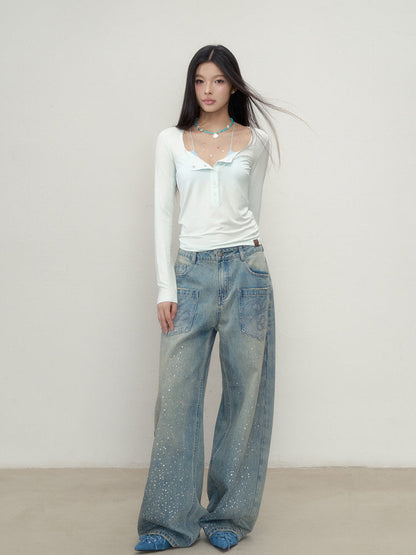 3D Rhinestone Wide-Leg Denim Pants