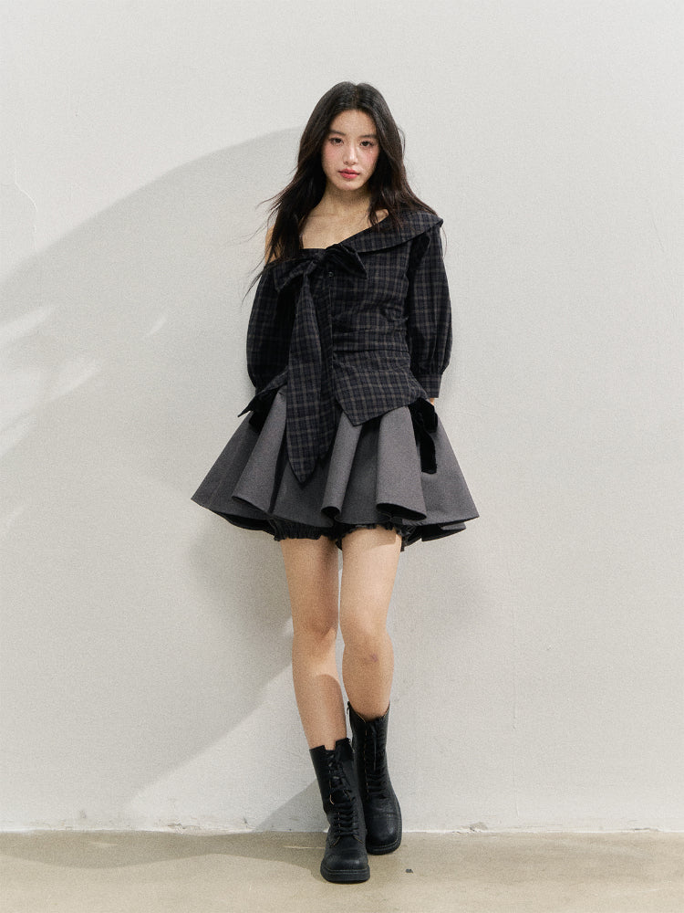 Checkered Bow One-Shoulder Asymmetric Waist-Cinching Shirt