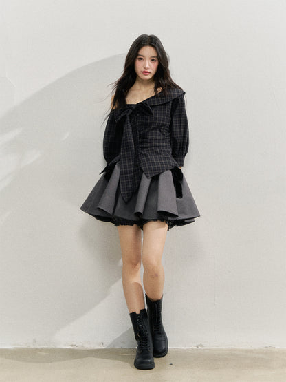 Checkered Bow One-Shoulder Asymmetric Waist-Cinching Shirt