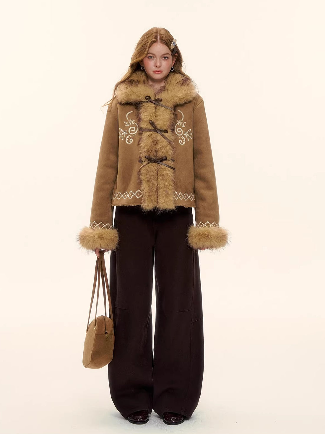 Embroidered Faux Fur Trim Jacket