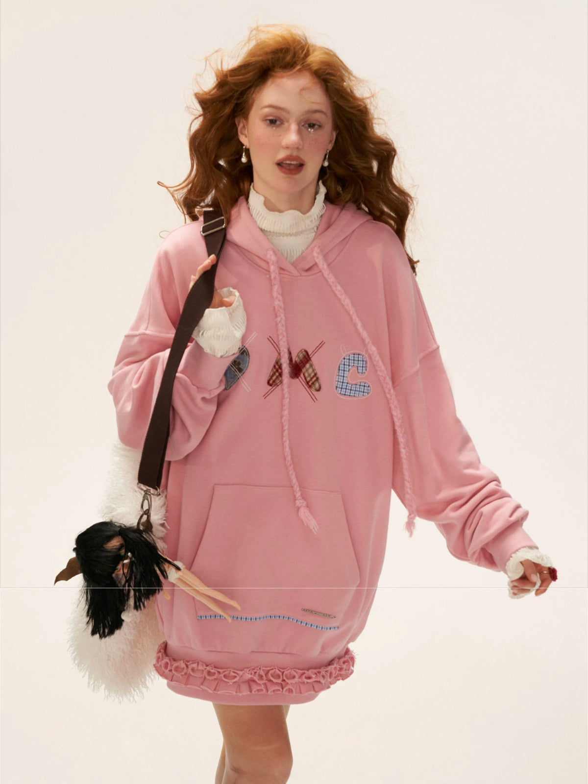 Plaid Embroidered Hooded Sweatshirt Dress