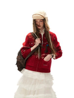 Red Snowflake Bunny Print Knit Cardigan