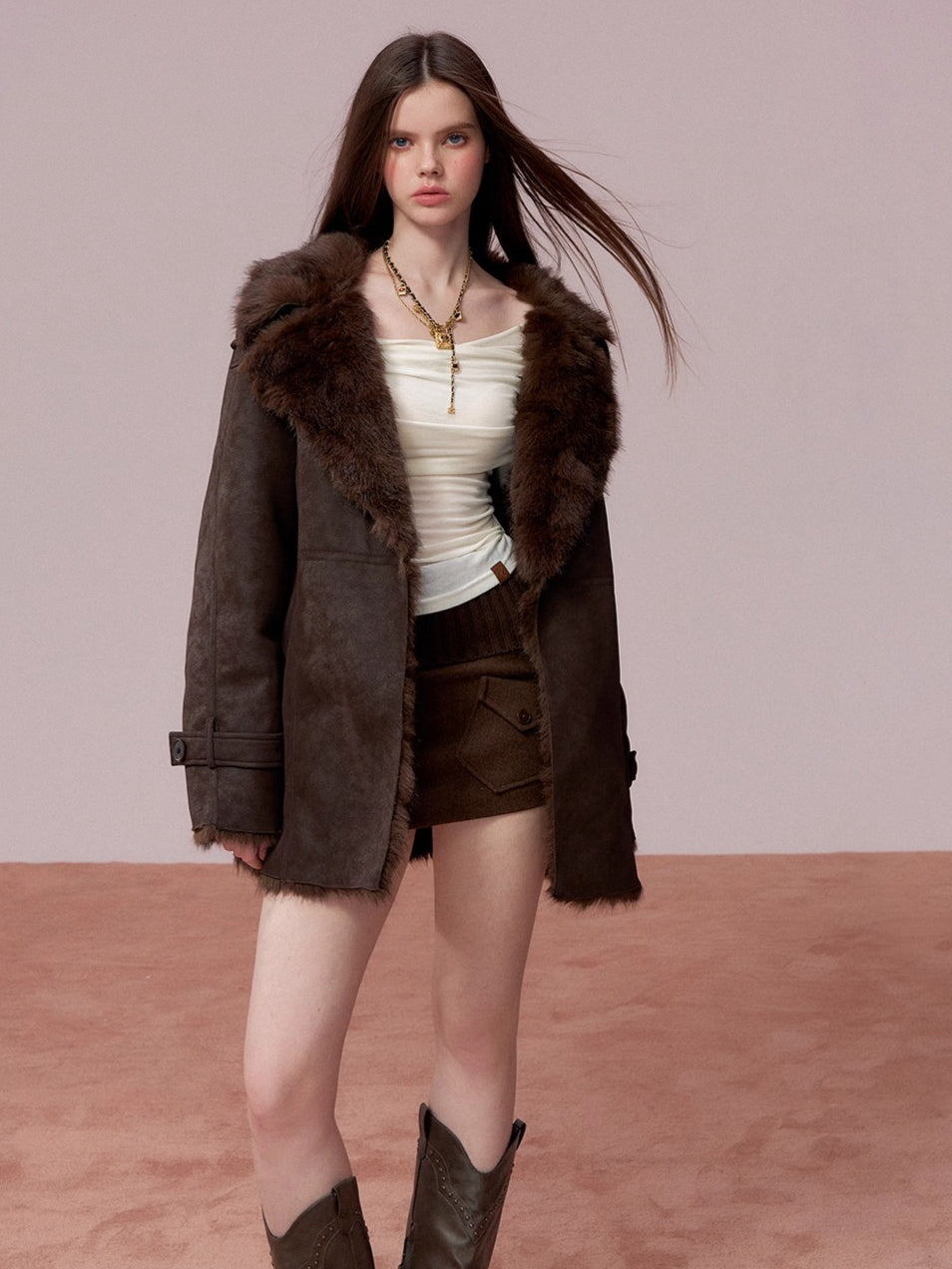 Faux Shearling-Lined PU Belted Coat