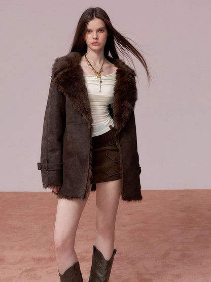 Faux Shearling-Lined PU Belted Coat