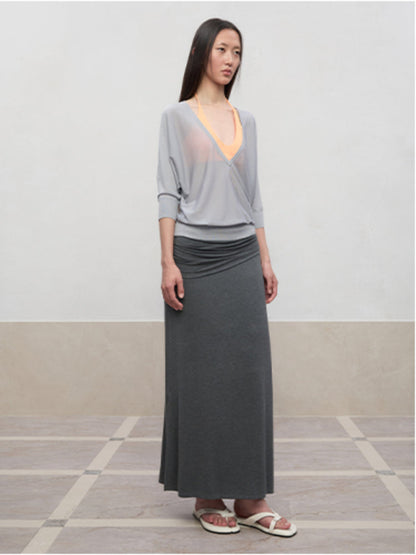Lyocell Pleated Mid-Low Waist Midi Skirt