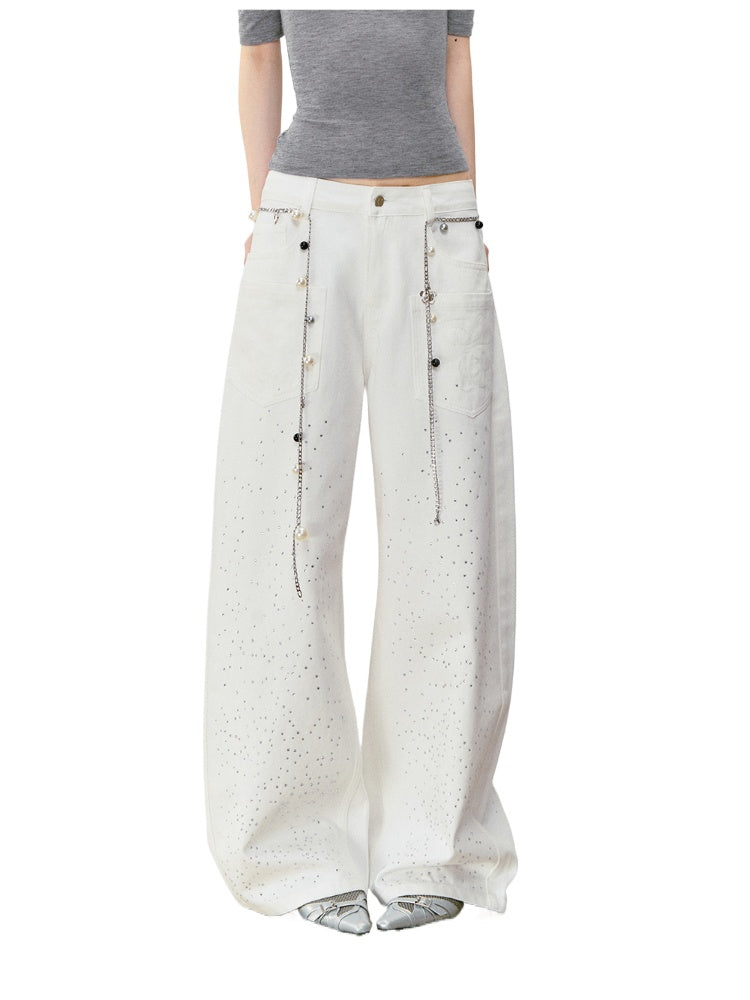 3D Rhinestone Wide - leg Denim Pants