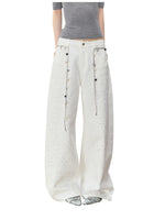 3D Rhinestone Wide - leg Denim Pants