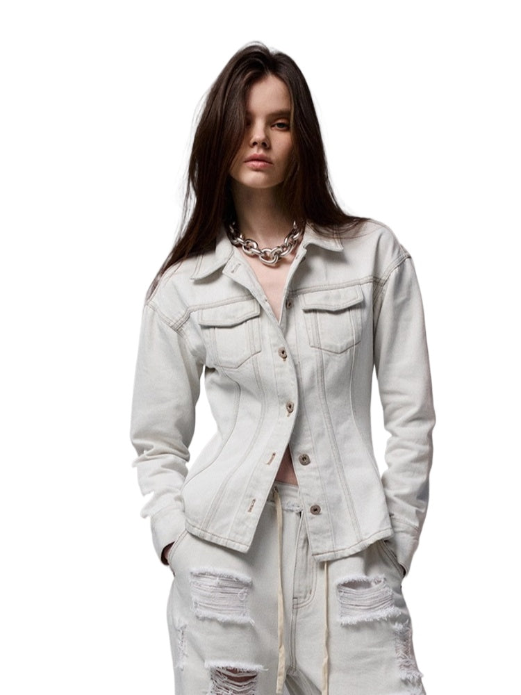 Distressed White Structured Denim Jacket