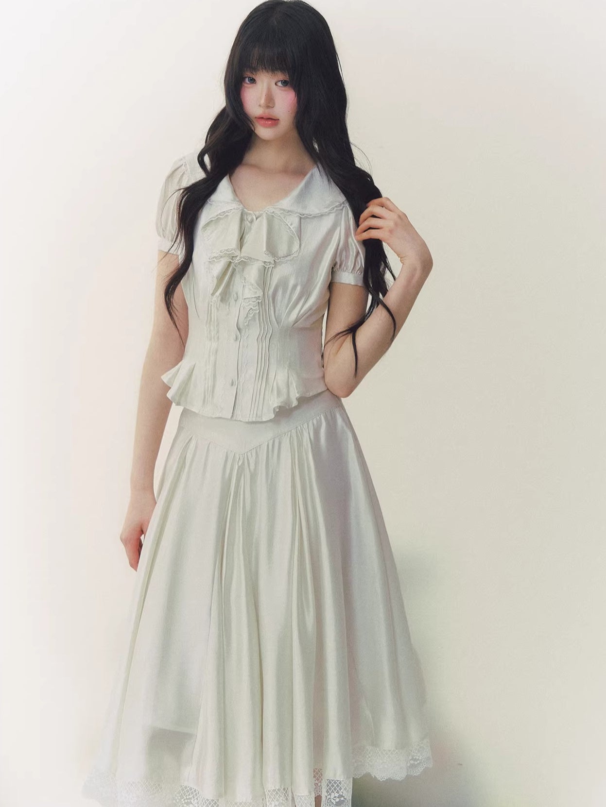 Lace Trim Blouse &amp; Skirt Set