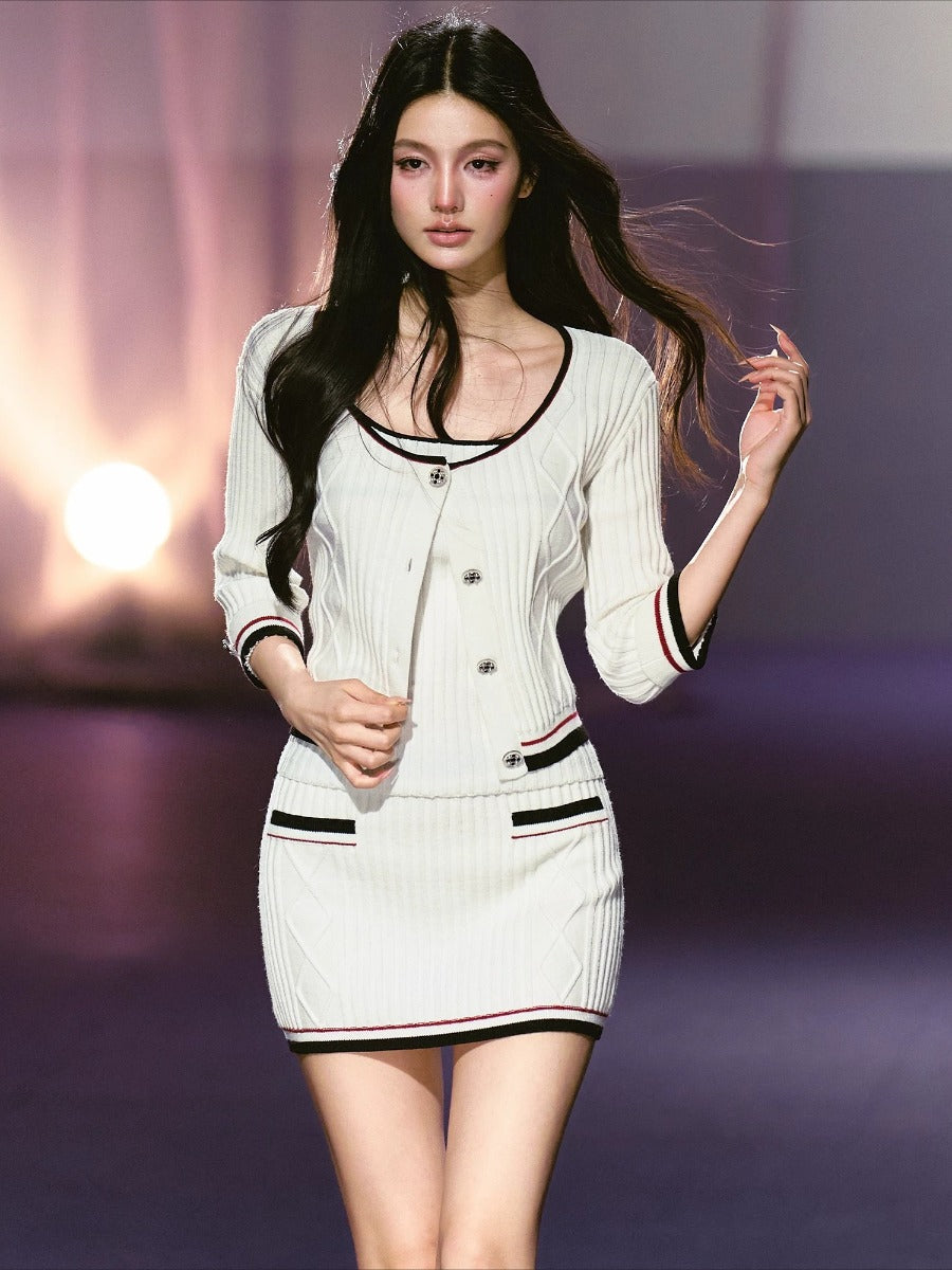 Contrast Knit Three-Piece Set