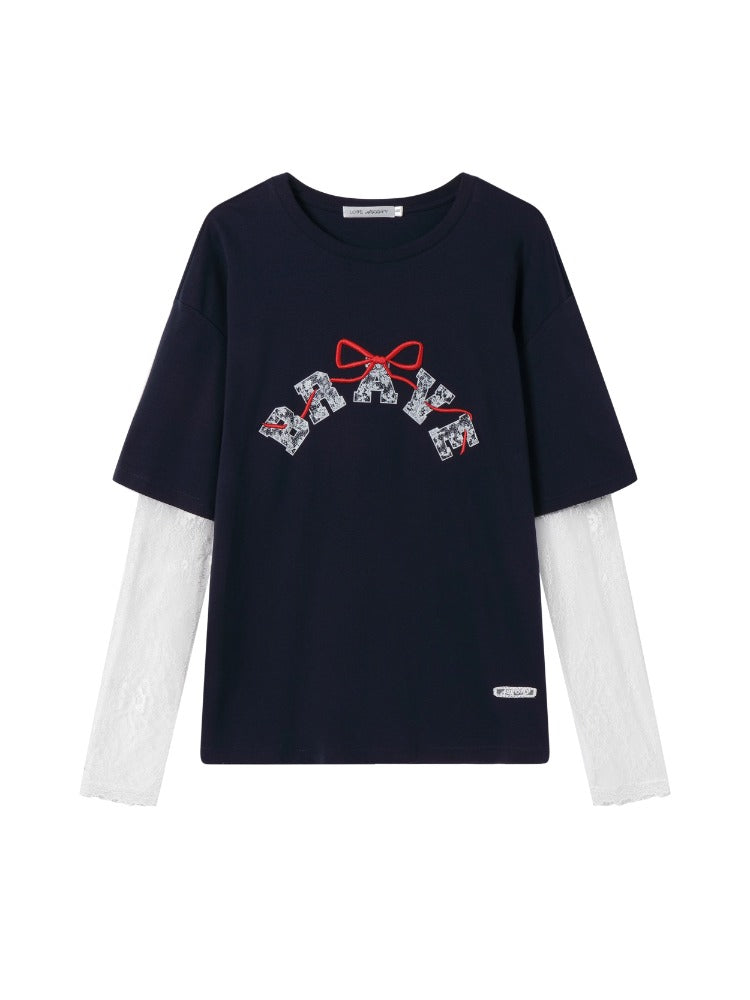 Lace-spliced Alphabet Bow T-shirt