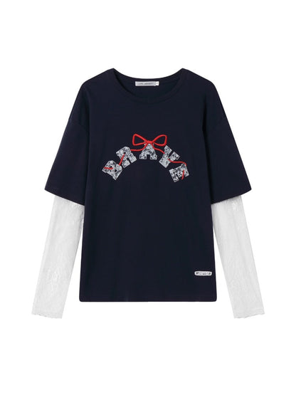 Lace-spliced Alphabet Bow T-shirt
